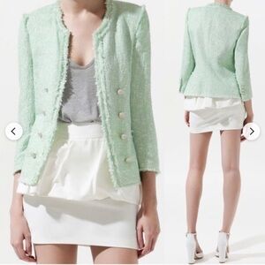 Zara Mint Green Tweed Frayed-Trim Jacket